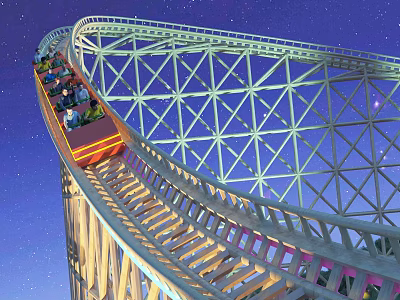 Roller Coaster Ride with Curved Track and Lattice Structure under Night Sky with Passengers 3d model