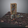 Wooden Bookshelf With Colorful Books On Fall Leaves Carpet And Campfire Setup