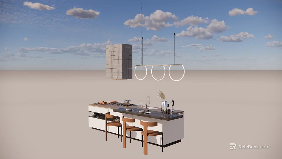 Modern Kitchen Dining Table Set With Island Counter Wooden Chairs And Pendant Lights 3d model 