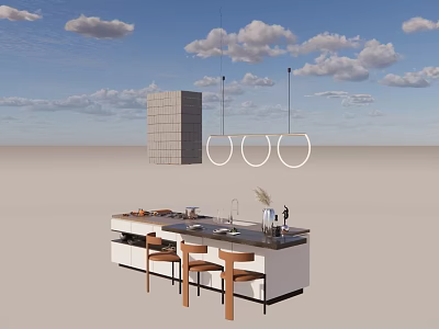 Modern Kitchen Dining Table Set With Island Counter Wooden Chairs And Pendant Lights 3d model