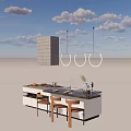 Modern Kitchen Dining Table Set With Island Counter Wooden Chairs And Pendant Lights