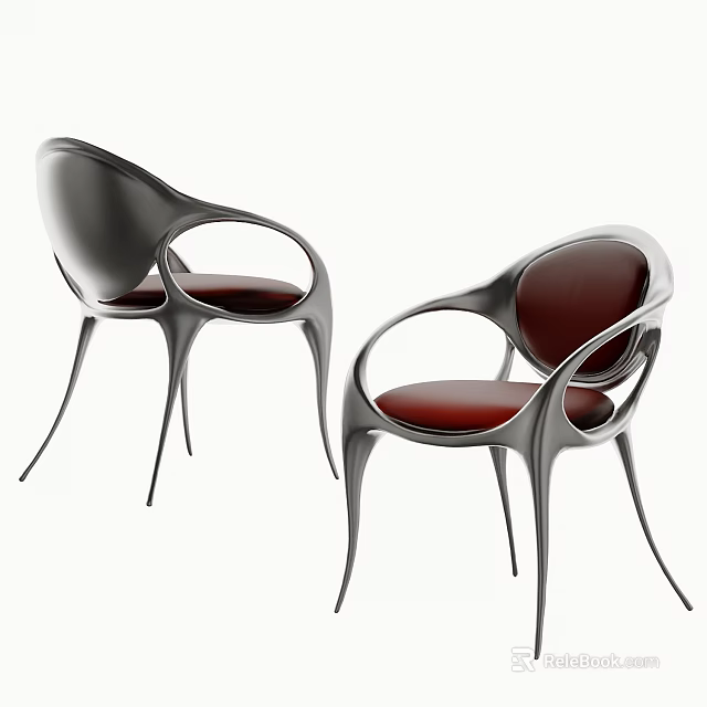 Modern Metallic Dining Chairs With Curved Design And Red Seats 3d model 