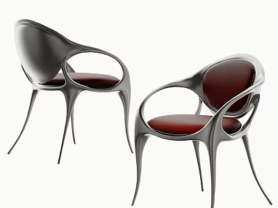Modern Metallic Dining Chairs With Curved Design And Red Seats 3d model