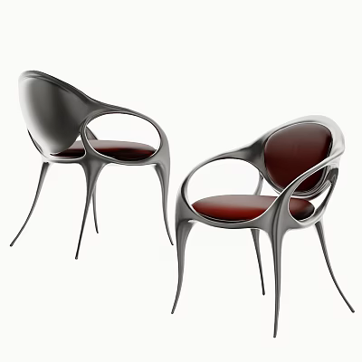 Modern Metallic Dining Chairs With Curved Design And Red Seats 3d model