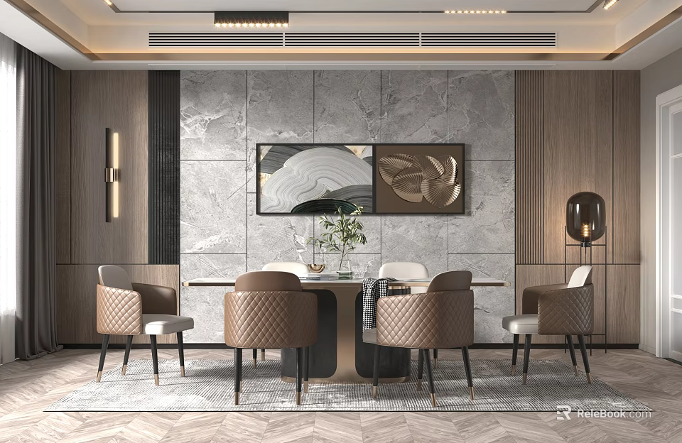 Elegant Modern Dining Table Set With Upholstered Chairs And Gray Marble Wall Art 3d model