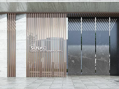 Modern Entrance Gate Design With Metal Slats And Stone Wall Facade 3d model
