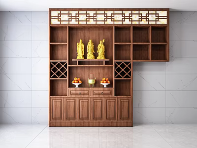 Traditional Wooden Buddhist Shrine Cabinet With Carved Top Golden Statues And Fruit Plates 3d model