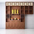 Traditional Wooden Buddhist Shrine Cabinet With Carved Top Golden Statues And Fruit Plates