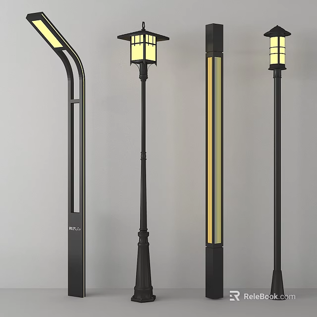 Stylish Outdoor Lights With Various Designs Black Metal Lamp Posts And Illuminated Shades 3d model 