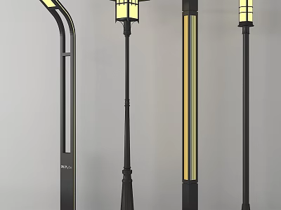 Stylish Outdoor Lights With Various Designs Black Metal Lamp Posts And Illuminated Shades 3d model