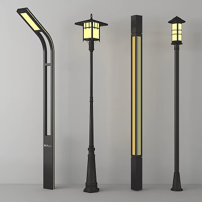 Stylish Outdoor Lights With Various Designs Black Metal Lamp Posts And Illuminated Shades 3d model