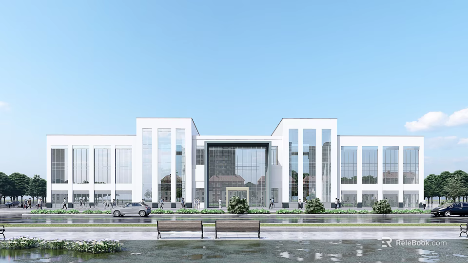 Modern White Office Building With Glass Facade Benches And Landscaped Front Area 3d model 