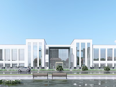 Modern White Office Building With Glass Facade Benches And Landscaped Front Area 3d model