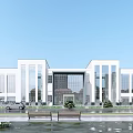 Modern White Office Building With Glass Facade Benches And Landscaped Front Area