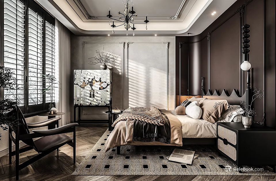 Modern Bedroom Interior Design With Shutter Windows Chandelier Decorative Painting And Rug 3d model 