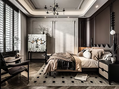 Modern Bedroom Interior Design With Shutter Windows Chandelier Decorative Painting And Rug 3d model