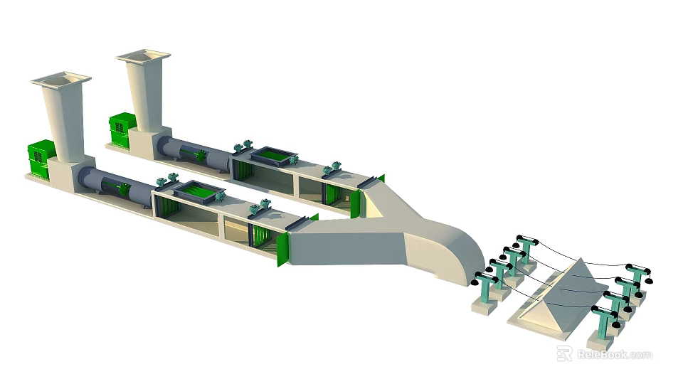 Industrial Conveyor System With Interconnected Green Processing Modules And Mechanical Components 3d model