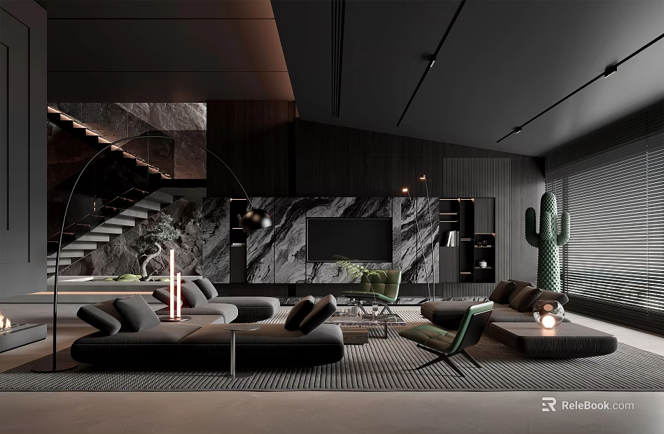 Modern Elegant Living Room With Black Marble Accent Wall Gray Sofa Green Plants And Staircase 3d model 