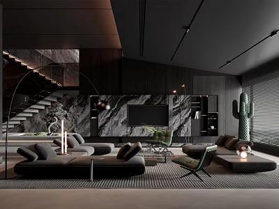Modern Elegant Living Room With Black Marble Accent Wall Gray Sofa Green Plants And Staircase 3d model
