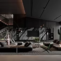 Modern Elegant Living Room With Black Marble Accent Wall Gray Sofa Green Plants And Staircase
