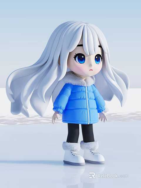 Cute Cartoon Girl With White Hair Blue Eyes Wearing Blue Puffer Jacket In Snowy Background 3d model 