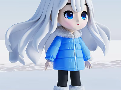 Cute Cartoon Girl With White Hair Blue Eyes Wearing Blue Puffer Jacket In Snowy Background 3d model