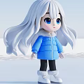 Cute Cartoon Girl With White Hair Blue Eyes Wearing Blue Puffer Jacket In Snowy Background