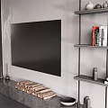 Modern TV Wall With Black Vertical Panels Gray Backdrop Built-in TV Fireplace And Metal Shelves