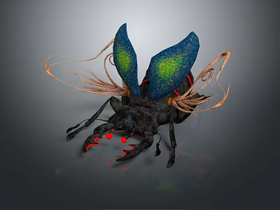 Flying Insect With Blue Green Wings Colorful Spots Red Eyes Black Body And Orange Antennae 3d model