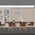 Modern Dining Room Interior With Dining Table Chairs Pendant Light Grid Pattern Wall And Plant 3d model
