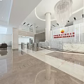 Modern Lobby Reception Desk with Circular Marble Counter Columns Chandelier and Security Gates
