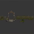 Architectural Garden Scene With Stone-Paved Path Wooden Fence Arched Gate And Flower Bushes