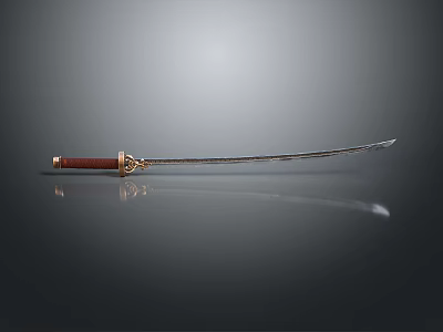 Traditional Sword With Red Handle Golden Decoration And Silver Blade On Smooth Surface Reflection 3d model