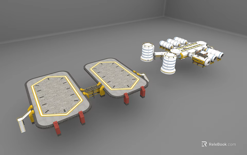 Gray Platforms Featuring Yellow Borders Red Supports White Cylindrical Structures And Mechanical Components 3d model