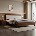 Modern Bedroom Interior With Wooden Headboard Bed Nightstand Wall Art And Rug