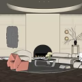 Elegant Modern Living Room Interior With Fireplace Beige Sofa Red Chair Round Rug And Decorations