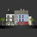 Traditional European Buildings With White Blue Facades Sloped Roofs Outdoor Seating And Street Scene