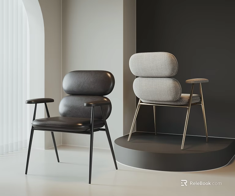 Modern Accent Chairs Black Grey Leather Fabric Upholstered Metal Legs Armrests Minimalist Interior 3d model 