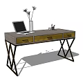 Modern Desk With Laptop Vase Pencil Cup Golden Drawers And Black Metal Legs