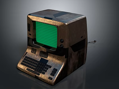Vintage Computer Terminal Design With Green Screen Mechanical Keyboard And Metallic Worn Case 3d model