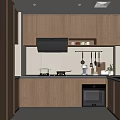 Modern Kitchen Interior With Wooden Cabinets Black Range Hood Hanging Utensils Sink And Oven