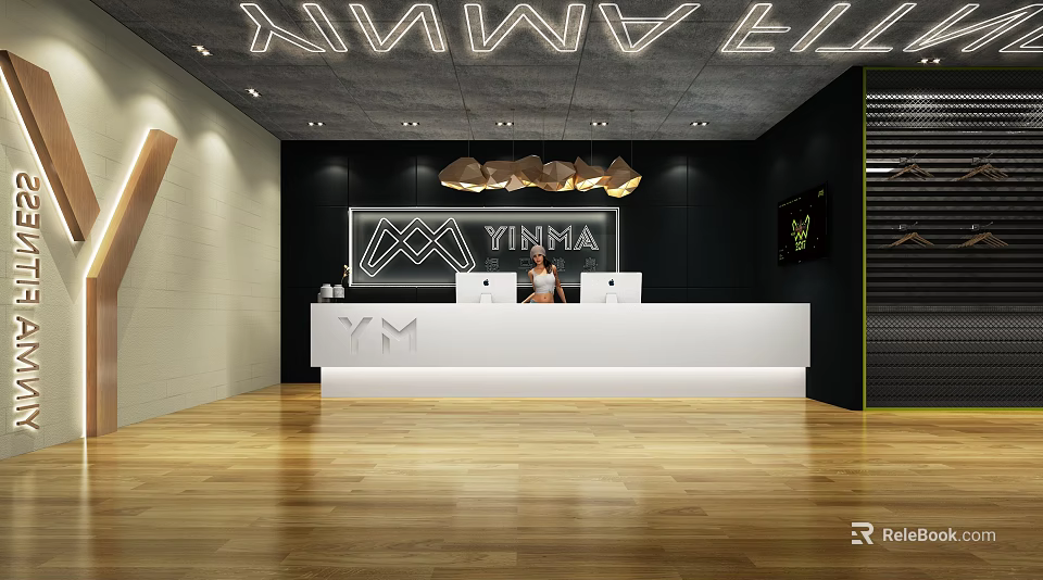 Modern Reception Desk Featuring White Counter Black Backdrop Logo And Pendant Lighting 3d model