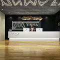 Modern Reception Desk Featuring White Counter Black Backdrop Logo And Pendant Lighting 3d model