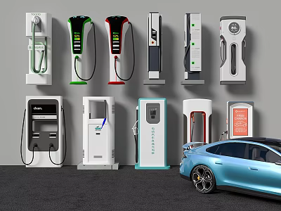 Various Electric Vehicle Charging Stations With Different Designs And Blue EV Car 3d model