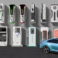 Various Electric Vehicle Charging Stations With Different Designs And Blue EV Car 3d model