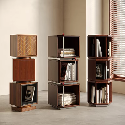 Modern Wooden Bookcases With Stacked Cube Hexagonal Design Decorative Panels Books And Photo Frames 3d model