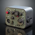 Vintage Green Metal Television With Multiple Knobs Red Button And Reflective Bottom