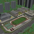Modern School Buildings With Track And Field Football Field Greenery And Surrounding High Rise Buildings