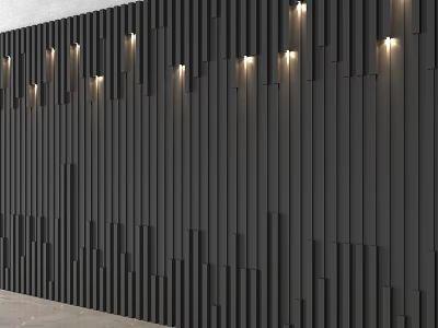 Modern Black Wall Design with Vertical Slats Uneven Layout and Recessed Lighting 3d model