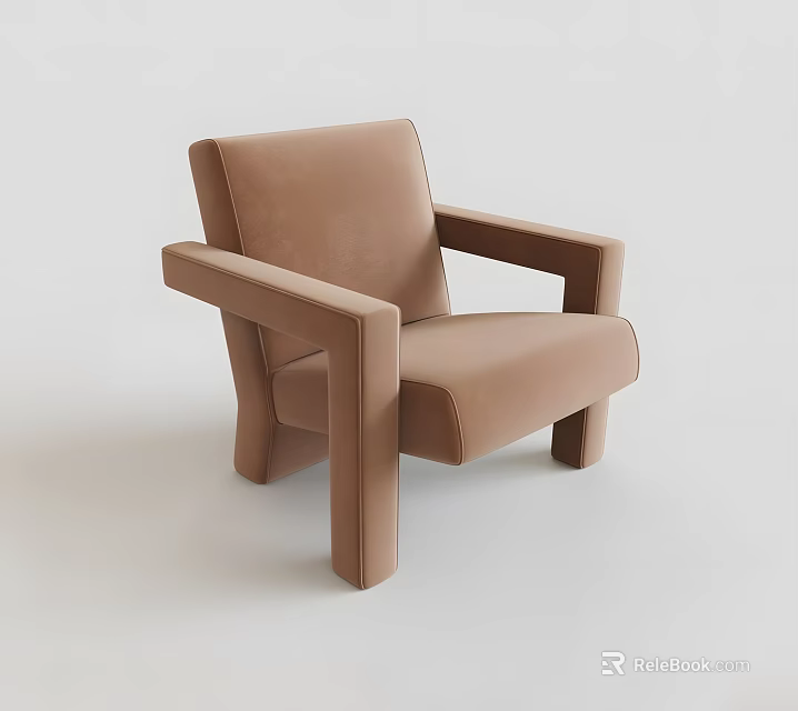 Velvet Upholstered Beige Accent Chair with Square Arms and Minimalist Design 3d model 